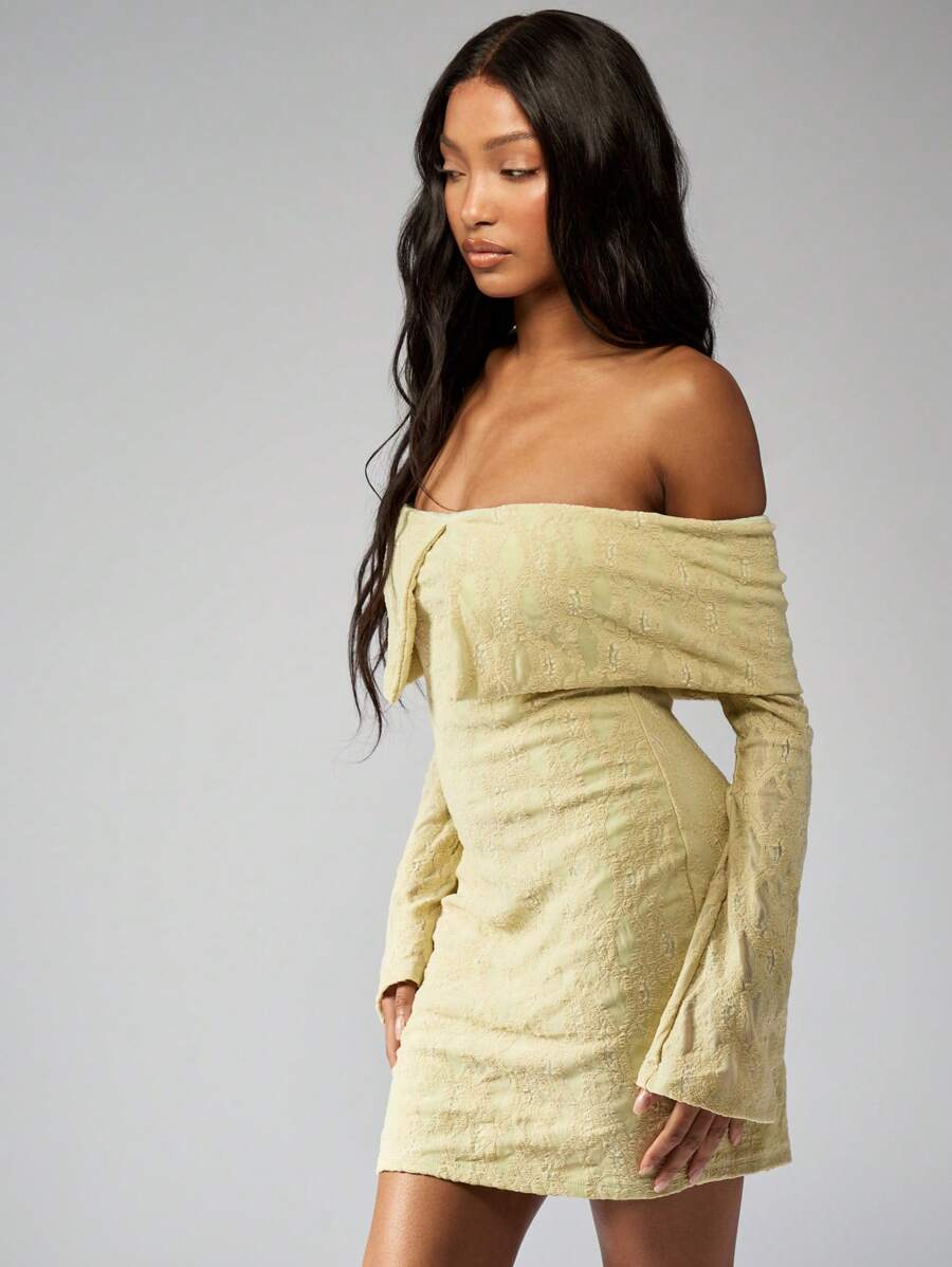 MISSGUIDED Elegant Off Shoulder Bardot Lace Textured Ruched Long Bell Sleeve  Mini DressMISSGUIDED