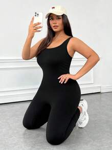 SHEIN EZwear بدلة بلا أكمام ظهر مكشوف مقاسات كبيرة، لون أحادي، للربيع والصيف - الأسود - مشاهدة 4