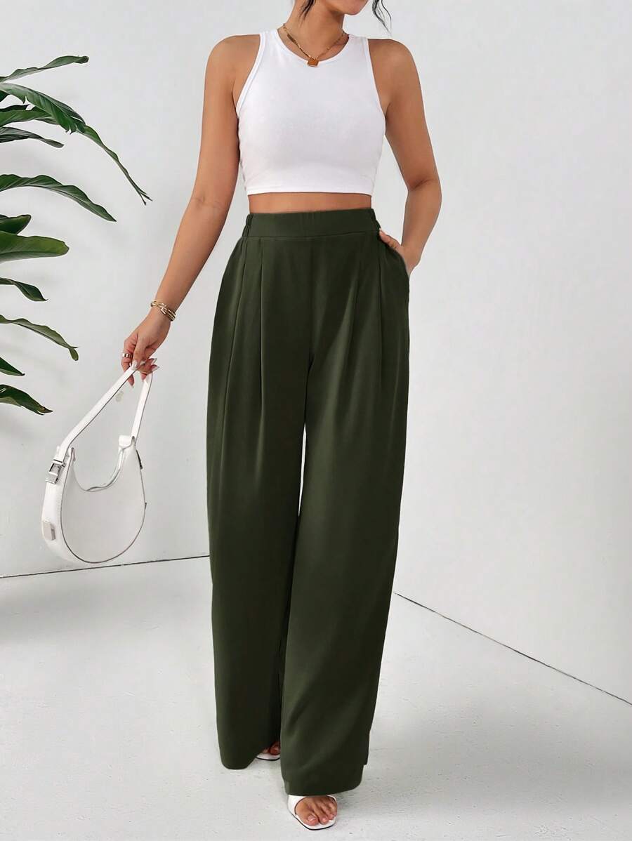 SHEIN Essnce Pantalones rectos de bolsillo en diagonal de unicolor casuales para mujer - Verde militar - Ver 1
