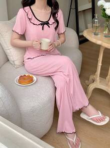 SHEIN 少女甜美简约荷叶边领短袖和裤子针织罗纹粉色睡衣套装 - 粉色 - 查看 2