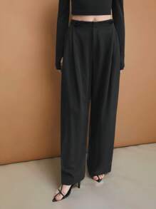 Ontre 2025 New Arrival Urban Chic Black Pleated Front Design Casual All-Match Trousers, Fashionable Women Long Pants