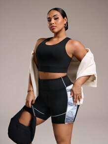 Easithlete 纯色无缝运动胸罩和撞色拼接短裤套装 - 彩色 - 查看 3