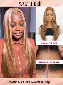 Highlight Piano 4/27 颜色 Wear & Go 5x5 预剪无胶直发闭合假发，带脸部框架分层剪裁预拔纯弹力透气帽未加工原始处女人发假发 - S4/27 - 查看 1