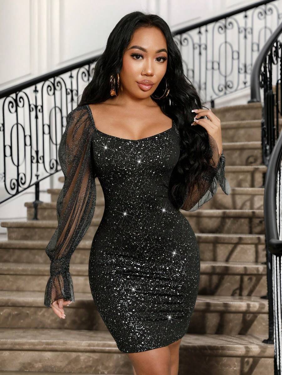 SHEIN Clasi Black Mesh & Sequin Patchwork Fitted Sexy Cocktail Dress, Little Black Dress Fall Cloth For Women