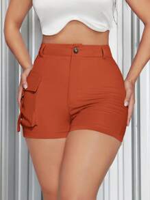 SHEIN SXY Summer High Waisted Side Flap Pockets Khaki Shorts - Orange - View 2