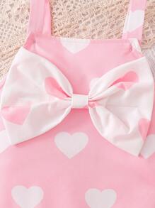 3pcs/Set Toddler Girls White Embroidered Collar Short Sleeve Top, Heart Print Overall Jumpsuit, And Headband, Summer Outfit - Pink - View 3