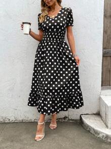 SHEIN Clasi 女士圆点圆领系带连衣裙 女式长款服装 - 黑色 - 查看 3