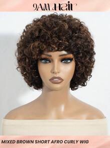 Kurze Afro-lockige Perücke aus Echthaar, gemischtes Braun, lockige Perücke mit Pony, Echthaar, günstiger Pixie-Cut Trage-und-Geh-Perücke, maschinell gefertigt - S4/33/30 - Übersicht 1