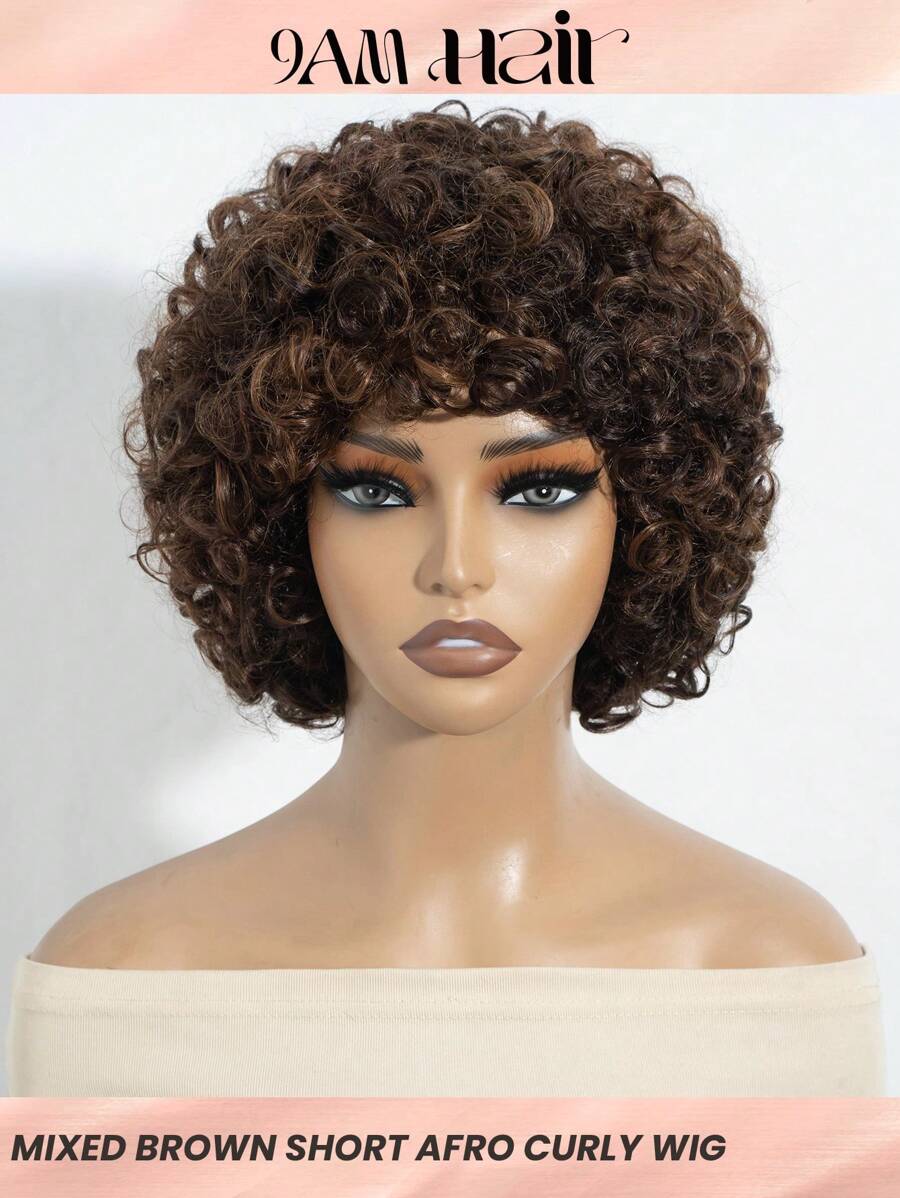 Kurze Afro-lockige Perücke aus Echthaar, gemischtes Braun, lockige Perücke mit Pony, Echthaar, günstiger Pixie-Cut Trage-und-Geh-Perücke, maschinell gefertigt - S4/33/30 - Übersicht 1
