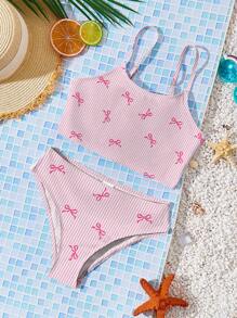 SHEIN Leap Crew Sweet Pink Bow Stripe Print Young Girls Casual Minimalist Fitted Camisole & Bikini Swimwear Set, Suitable For Summer - Multicolor - View 4