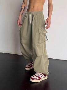 ROMWE MEN Street Life Men's Plain Pocket Casual Pants, Simple & Fashionable, Suitable For Summer - Khaki - View 4