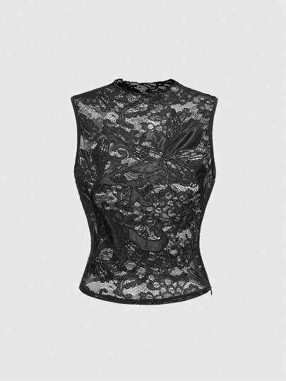 Goth Top de mujer con cuello de tortuga con aplicaciones de encaje gótico elegante, ropa de verano