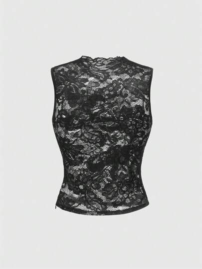 Goth Débardeur femme col montant avec appliqué en dentelle gothique élégant, vêtements d'été