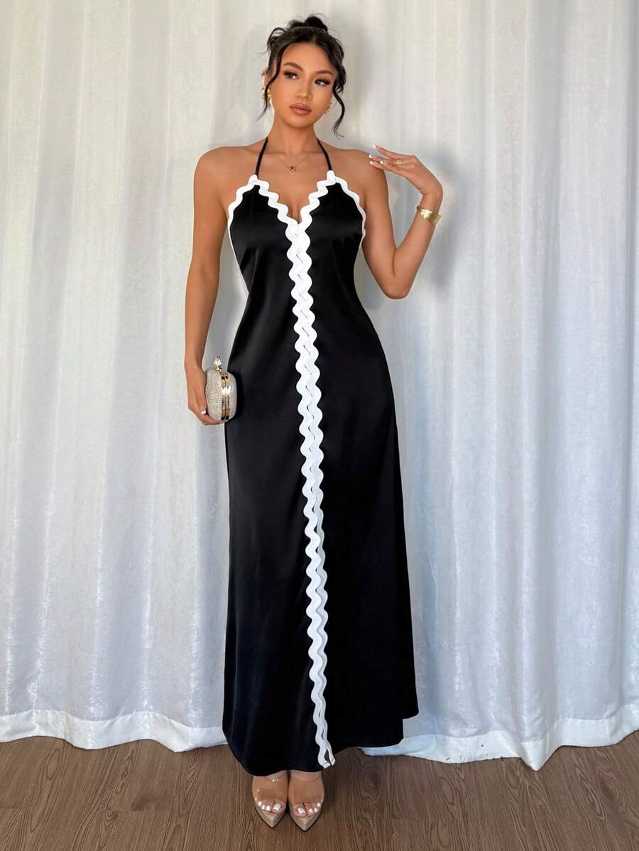 Gloray Women's Wavy Strap Halter Long Dress, Elegant Summer Dress Fall Cloth For Women - Black - View 1