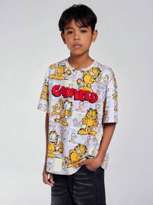 GARFIELD X SHEIN Camiseta de manga corta informal con gráfico de dibujos animados coloridos para niño preadolescente