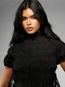 MISSGUIDED Smocked High Neck Crop Top Summer Puff Sleeve Fashion Blouse Side Tie Short Women Casual Party Evening Ruffle Hem Shirred Top Festival