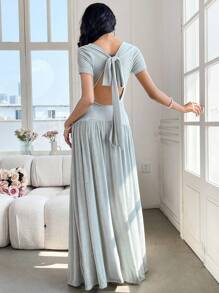 Modelyn Vestido de manga corta con lazo en la espalda de unicolor para mujer - verde menta - Ver 4