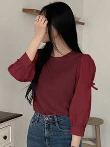 DAZY 女士商务休闲蝴蝶结装饰泡泡袖衬衫，秋季上衣长袖上衣 - 酒紅色 - 查看 4