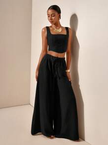 Zivah Nuevo conjunto de 2 piezas: Top con tirantes en forma de espina de pescado y pantalones de pierna ancha con bolsillos, tela texturizada, conjunto casual de vacaciones - B - Negro - Ver 5