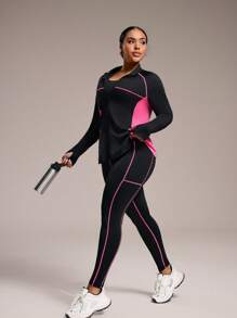 Rhythm Era Conjunto deportivo de talla grande con bloqueo de color, manga larga y pantalones para mujeres