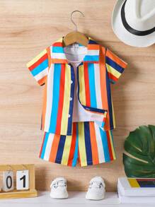 Toddler Boys' Casual Colorful Striped Pattern Woven Shirt And Shorts Set