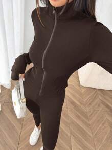 SHEIN EZwear 3 بيس طقم رياضي مُحبك للنساء بالبني