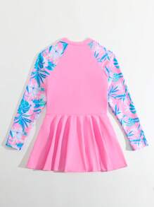 Tween Girl Tropical Print Patchwork One-Piece Swimsuit, Beach Vacation - Baby Pink - View 2