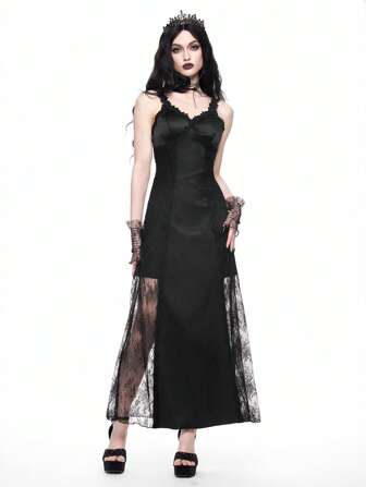 Goth Vestido de tirantes de encaje gótico para mujer, vestido largo, estilo oscuro