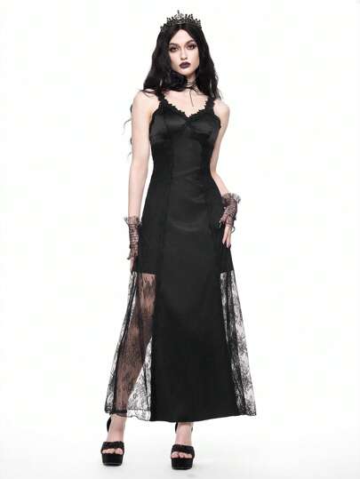 Gothic Lace Slip Dress For Women, Long Dress, Dark Style