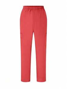 SHEIN TaskFit 女式纯色V领短袖双口袋上衣和裤子制服套装 - 珊瑚橙 - 查看 3