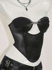 SHEIN ICON Women's Black Satin Crop Top, Strapless Sleeveless Cut Out Design With Chain Detail, Asymmetrical Hem - Black - View 2