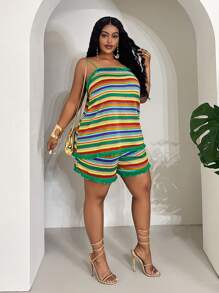 Slaydiva Bộ áo ba lỗ và quần short ngày lễ tua rua nhiều màu cỡ lớn cho nữ - Nhiều màu - Xem 5