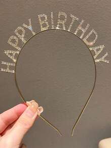 SHEIN 1 pieza Diadema con decoración de letra de strass, aro para el cabello dorado, para fiesta de cumpleaños, Navidad