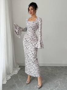 Modelyn Robe moulante à manches longues avec imprimé tissé violet pour femmes - Prune - Voir 3