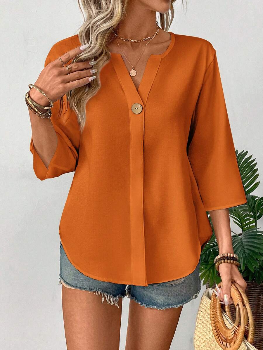 SHEIN LUNE Simple Women's V-Neck 3/4 Sleeve Solid Color Blouse For Commuting - Orange - View 1