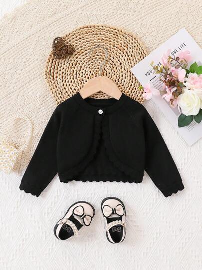 SHEIN Vintaside Kids 女婴纯色针织开衫，舒适长袖短披肩毛衣，优雅百搭的春秋夏季轻便外套，适合日常穿着和旅行