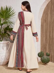 SHEIN Teen Girls' Apricot Stand Collar Elegant Long Dress,Geometric Print Flare Sleeve Midi Dress,Beige,Autumn,Casual,Matching,Family Vacation,Graduation - Apricot - View 2