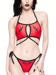 ROMWE Goth Conjunto de bikini de 2 piezas con ribete de contraste, estilo gótico, para Halloween - Multicolor - Ver 3