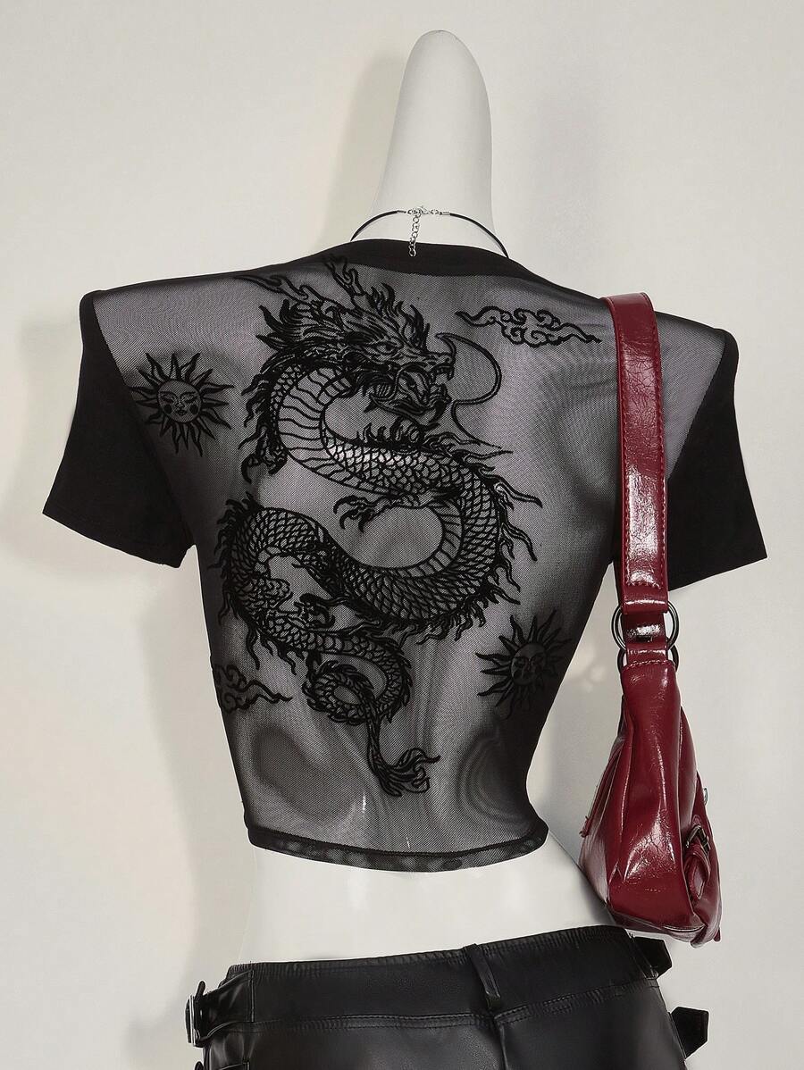 SHEIN ICON Spring And Summer Graphic Going Out Grunge Sheer Fashionable Sexy Dragon Print Flocked Mesh Panel Short Sleeve T-Shirt - Black - View 1