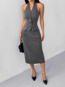 SHEIN EZwear 女士休闲办公装纯色前扣锁眼吊带上衣和裙子 2 件套 - 灰色 - 查看 1