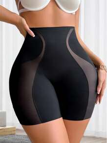 女士高腰塑身衣塑身无缝内衣内裤，性感网眼拼接塑身衣 - 黑色 - 查看 1