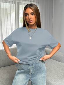 Siren Gaze 女款基礎短前長後T卹，簡約風格 - 淺藍色 - 查看 3