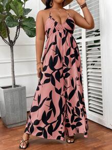 SHEIN CURVE+ Plus Size Loose Fit Halter Neck Tied Jumpsuit, Green Leaf Print, Beach Resortbeach Outfits For Woman/Beach Dress/Beach Vacation Outfits/Beach Essentials / Graduation/Tea Party Dress - Pink - View 6