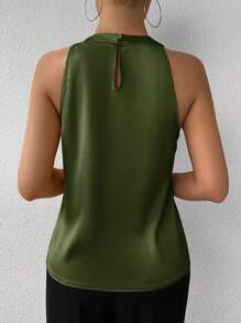 SHEIN Privé Women's Elegant Champagne Solid Color Sleeveless Blouse With Collar And Pleated Detail, Suitable For Daily Office Wear - Army Green - View 2