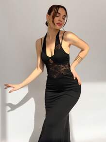 Aloruh Women's Elegant Black Halter Maxi Dress With Lace Detail And Mermaid Hem