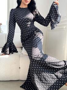 Modelyn Vestito lungo elegante e aderente da donna con maniche a sbuffo e stampa a pois