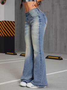 SHEIN ICON Street Style Retro Low Waist Flared Women's Jeans - Medium Wash - View 5