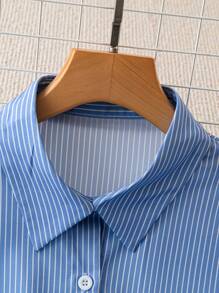 GlowEve 女士条纹宽松休闲短衬衫，带口袋，春夏季，长袖上衣 - 藍白色 - 查看 5