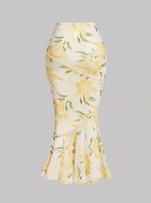 SHEIN MOD 花卉印花鱼尾下摆优雅半身裙