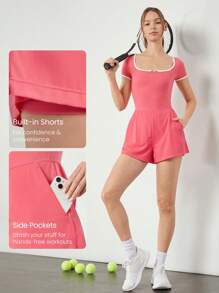 GLOWMODE Vestido activo de 3.5" FeatherFit™-Air Pro, cuello cuadrado, con pantalón corto incorporado, bolsillos laterales, agarre antideslizante, para uso diario, tennis, golf y pickleball, con copas desmontables, de secado rápido y que absorbe la transpiración. - Rosa coral - Ver 3